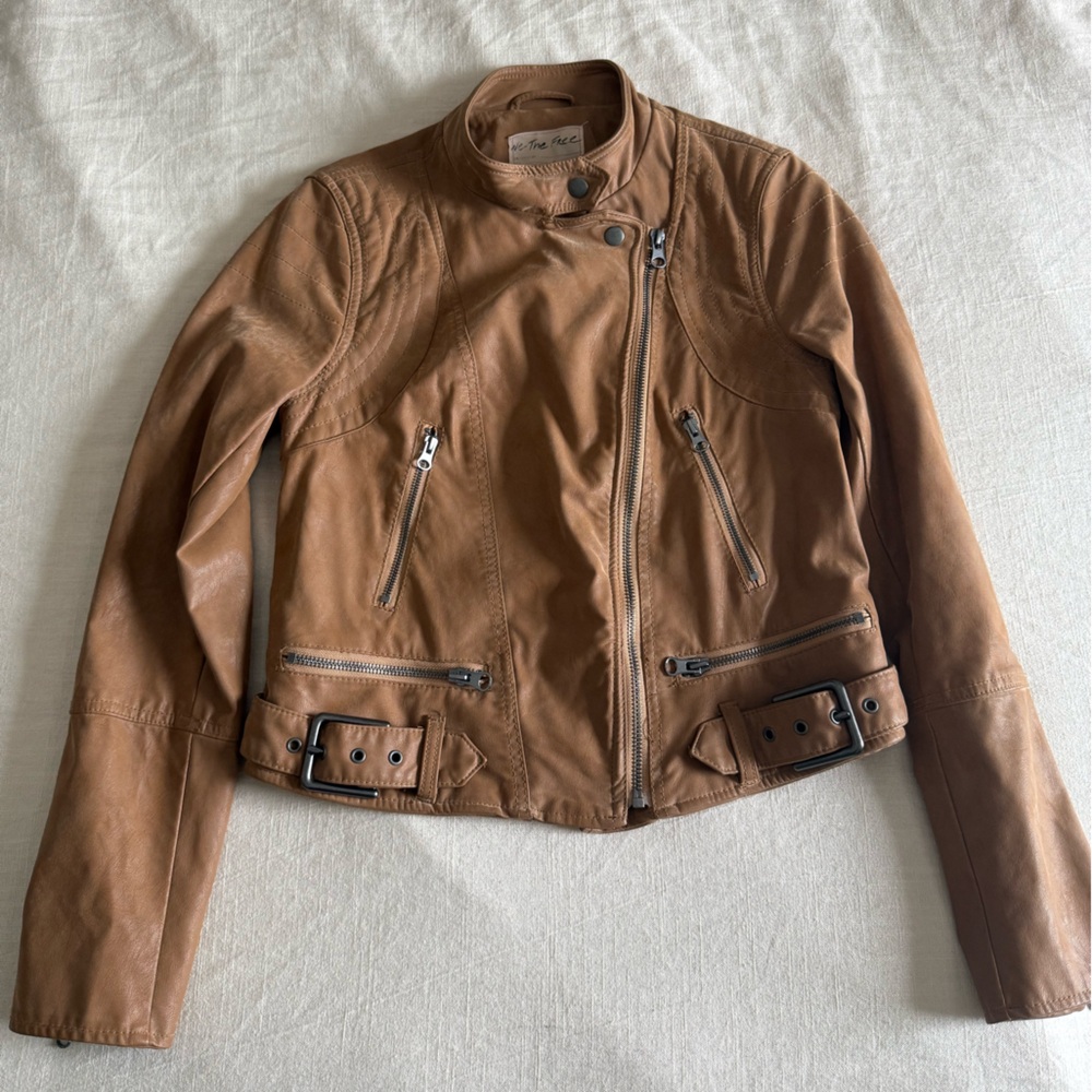 We The Free Free People Faux Leather Tan Motorcycle Jacket